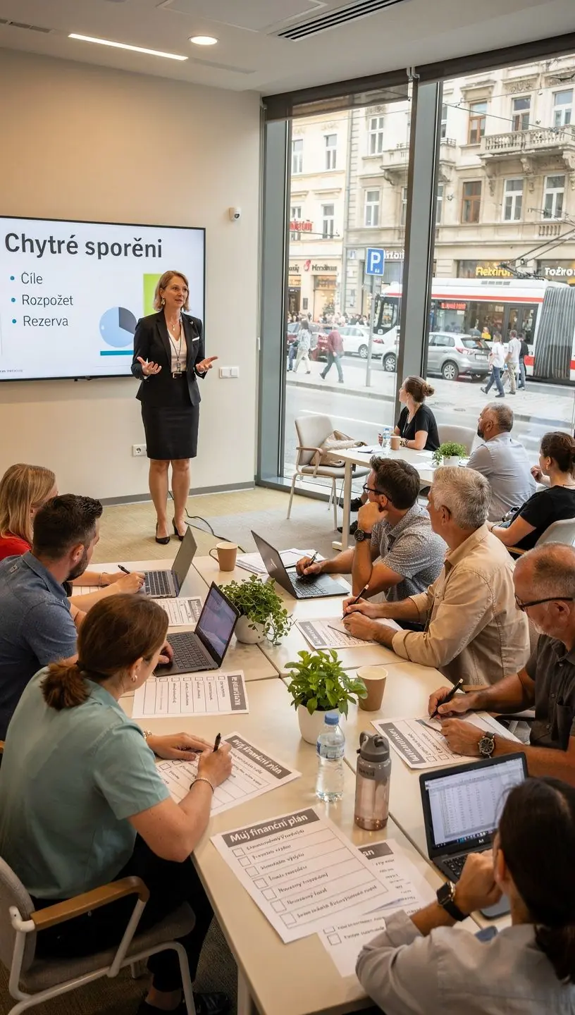 Kniha o osobních financích ležící na stole vedle šálku kávy.