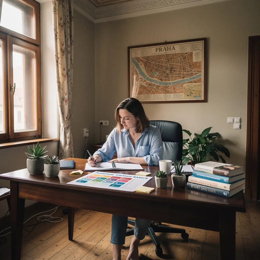 Ilustrace osoby, která si zapisuje své úspory do sešitu.